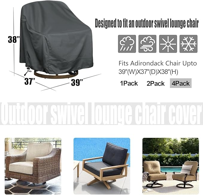 Outdoor Swivel Lounge Chair Cover 4 Pack,Waterproof Heavy Duty Outdoor Chair Covers, (39" W X 37" D X 38" H) Patio Furniture Cover for Swivel Patio Lounge Chair,Grey