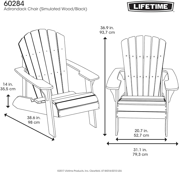 LIFETIME Adirondack Chair, Weather-Resistant Polystyrene, UV Protected, Classic Outdoor Design, Black