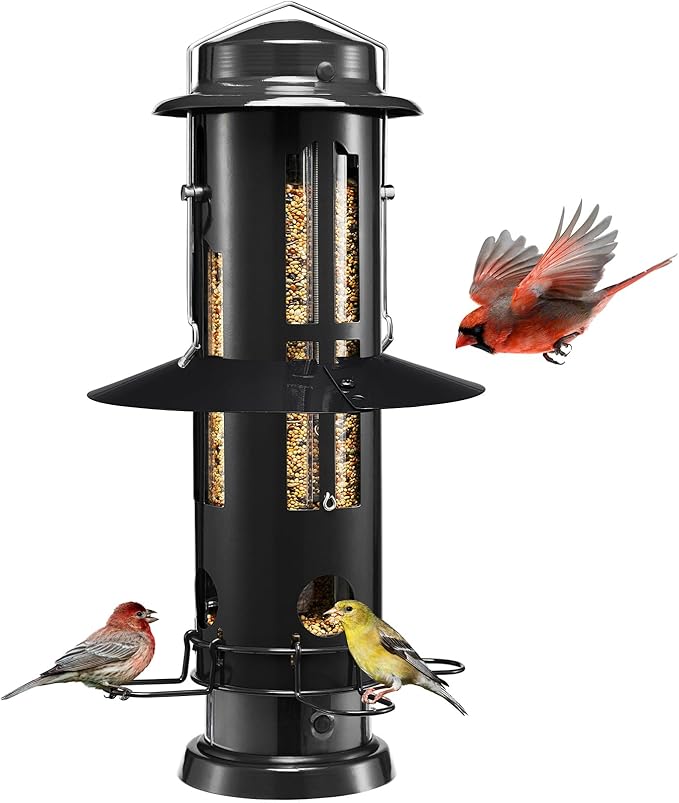 Kingsyard Squirrel Proof Bird Feeder for Outdoors Hanging, Metal Wild Bird Feeders with Removable Base and Baffle, Easy to Clean & Refill, 3 lbs Large Seed Capacity, Black
