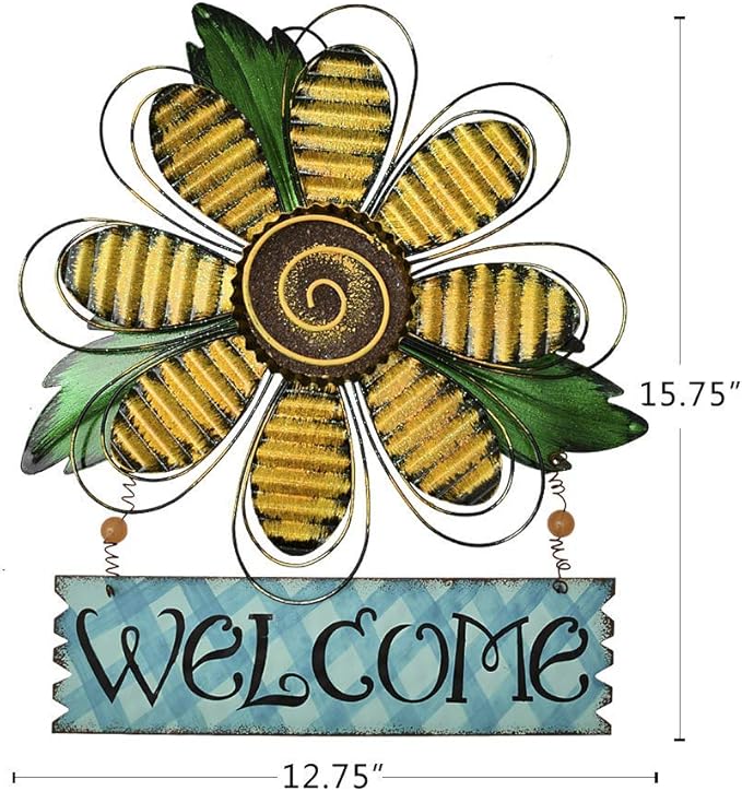 Large Rustic Metal Yellow Flower Welcome Wall Art Decor Hanging Metal Flower Welcome Door Wreath Kitchen Living Room Bathroom Patio Garden Yard Wall Decoration