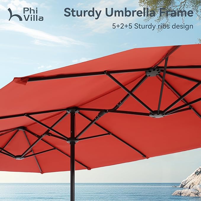 PHI VILLA 7 Pieces Outdoor Dining Set with Umbrella for 6, 60" Rectangular Metal Table & Stacking Wrought Iron Chairs & 13ft Red Umbrella, Outside Large Furniture for Patio, Deck, Porch, Backyard