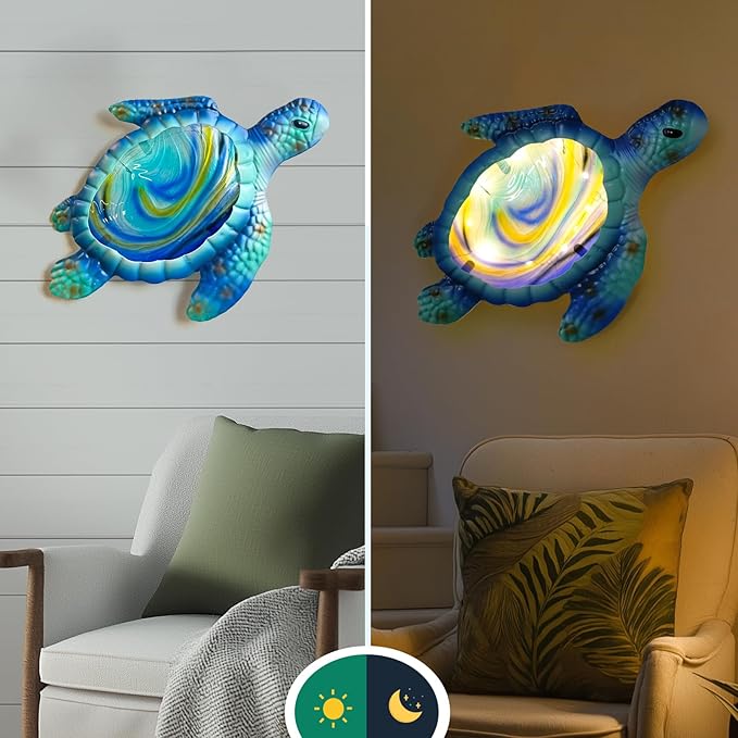 LIFFY Metal Fish Wall Decor with Frame-Outdoor Wall Art, Wall Decor with LED Fairy Lights, Fish Glass Art Wall Sculpture for Patio,Beach,Garden,Yard,Pool,home gift(2pcs, Blue) (Light Turtle)