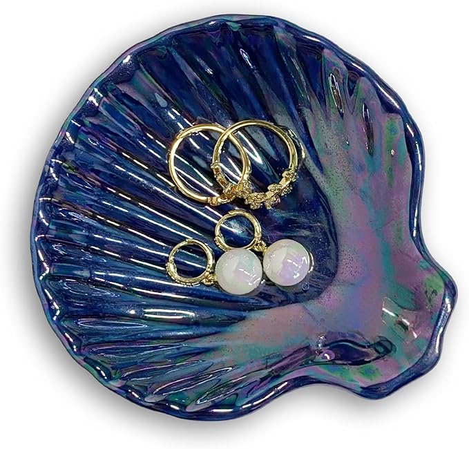 Shell Jewelry Holder Dish, Ceramic Seashell Trinket Dish for Women, Cute Room Decor Jewelry Plates for Earrings Ring, Birthday Mother's Day Christmas Gift for Women 3.9", Indigo Iridescent Surface