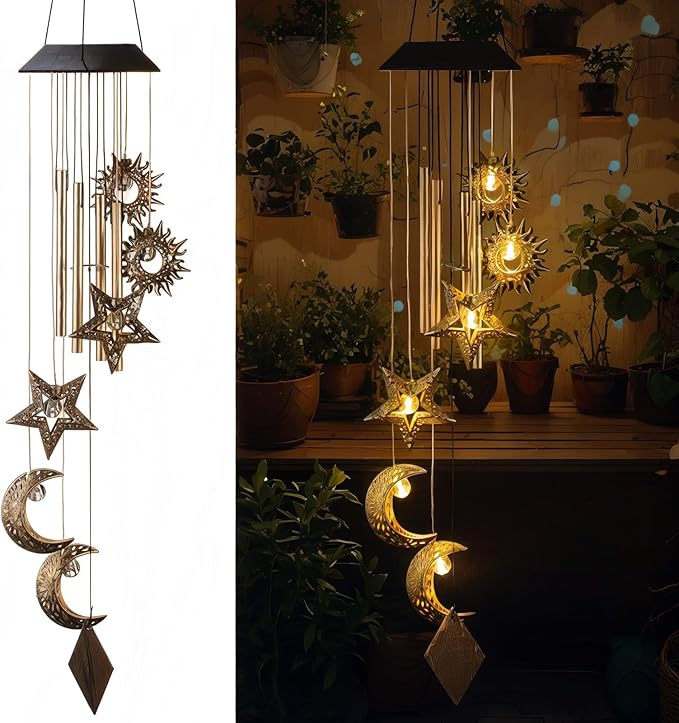 Solar Wind Chimes for Outside Waterproof Hanging Wind Chimes Lights Outdoor Decor Yard Garden Gifts for Mother Mom Grandma Wife Neighbors(Sun Moon Star,Warm Colored Lights)