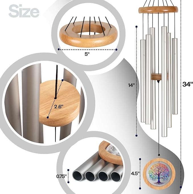 Wind Chimes for Outside, Wind Chimes Outdoor Clearance, Deep Tone Outdoors, Tree of Life Wind Chime, Memorial, Sympathy Gift, Patio, Porch, Home Décor, Modern, Acrylic Art, Silver (34" Tree of Life)