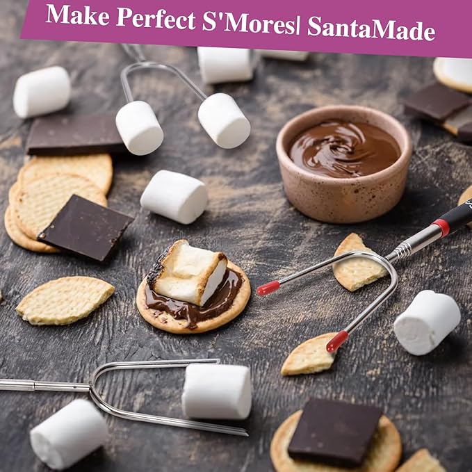 Marshmallow Roasting Sticks Set of 10 -Telescoping Wide Angle Smores Sticks for Fire Pit, Hot Dog Sticks for Campfire Grill Bonfire Party Supplies -With Santa Storage Sack