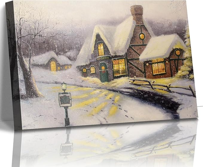 STUDIO HAVEN Thomas Kinkade Canvas Wall Art, Snowy Cottage Thatched Roof Glowing Windows Lantern Winter Serenity Cozy Oil Painting Poster Winter Wall Decor, Framed Prints for Home Decor, 48x32Inch