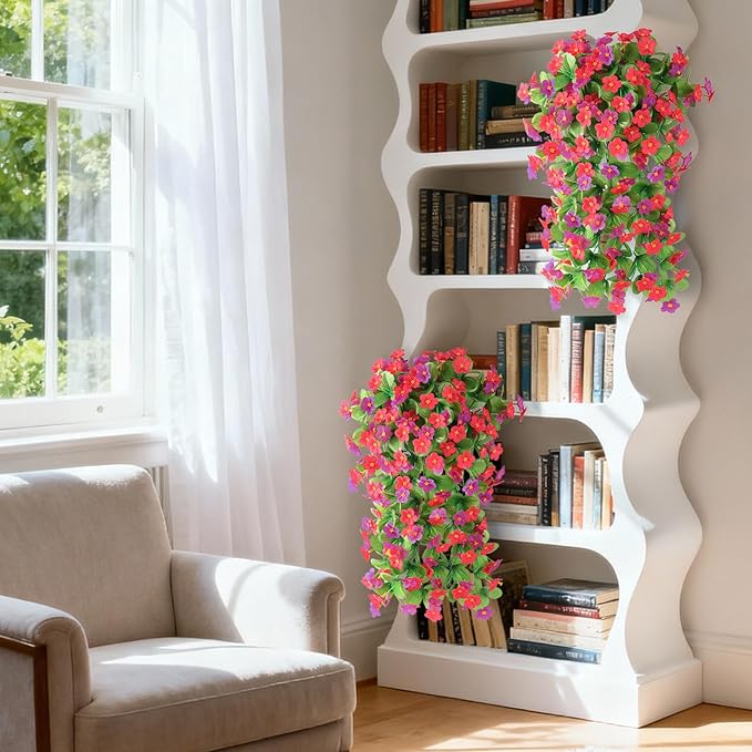 Artificial Fake Hanging Flowers for Outdoors, 2 Pcs Artificial Hanging Plants Outdoors Spring Summer Decor, UV Resistant Faux Violet Silk Flowers for Planters Front Door Yard Garden(Pink Rose Red)