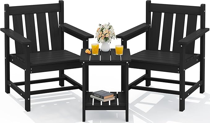 SEWRWALL 3 Pieces Patio Bistro Set, All Weather Adirondack Chair Set with Side Table, HDPE Material Outdoor Patio Furniture Set for Balcony, Porch, Garden, Backyard- Black