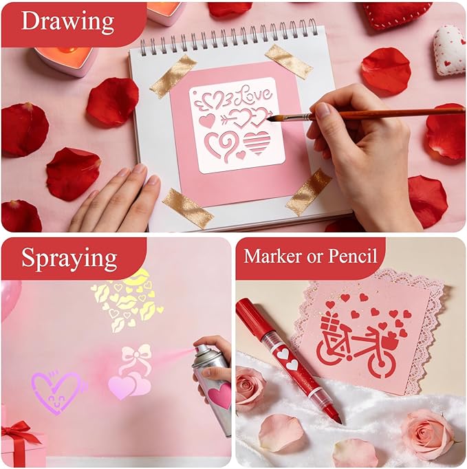 72 PCS 3x3 Inch Valentine‘s Day Stencils for Painting - Love red HeartKiss red RoseCupid's Arrow Reusable Valentine's Painting Templates on Wood, Glass, Fabric, Window Door Decor DIY Decoration