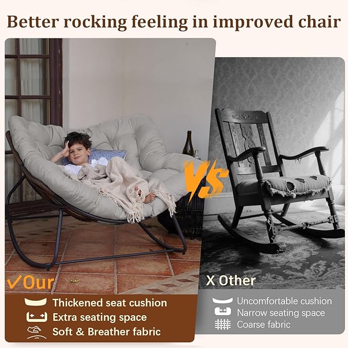 Rocking Papasan Chair, Oversized Outdoor Rocking Chair Rattan Rocking Chair with Deep Seat Thick Cushion, Patio Rocking Chair for Indoor/Porch/Garden (Light Grey & Black)
