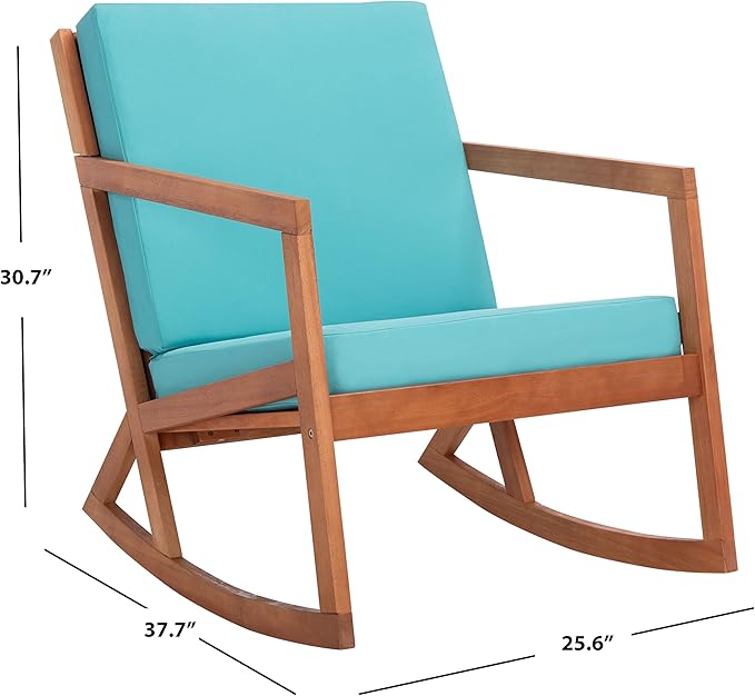 Safavieh Outdoor Collection Vernon Wood Blue Cushion Rocking Chair PAT7013Q, Natural/Aqua
