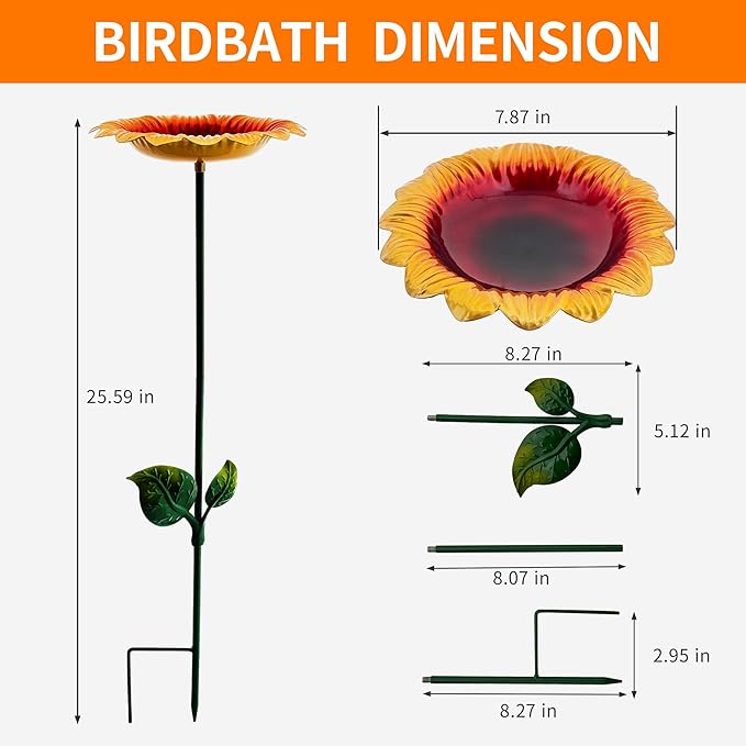BETTY&SARAH 25 Inch Metal Sunflower Bird Bath for Outside, Small Birdbath Feeder for Outdoor Garden Patio Yard Lawn Decor
