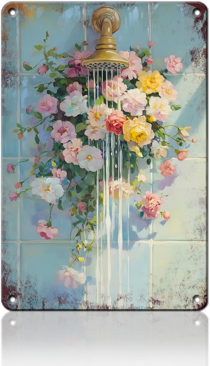 Floral Bathroom Metal Wall Sign Bathroom Flower Wall Art Wildflower Watercolor Print Floral Shower Decor Flower Vintage Poster Sign 8x12inch