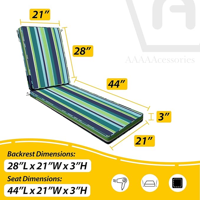 AAAAAcessories Outdoor Chaise Lounge Cushions, Fade-Resistant, Waterproof Patio Furniture Replacement Cushions, 72" x 21" x 3", Stormy Teal Coastal Stripe