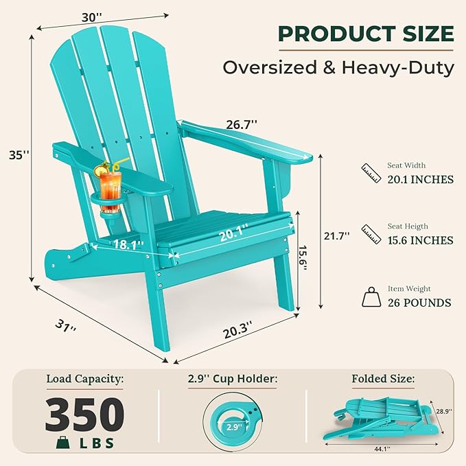 BRIOPAWS Folding-Adirondack-Chair | HDPE Plastic | Fire Pit Chairs | Cup Holder | Curved Back | All Weather | for Outdoor Backyard Deck Patio | Aqua