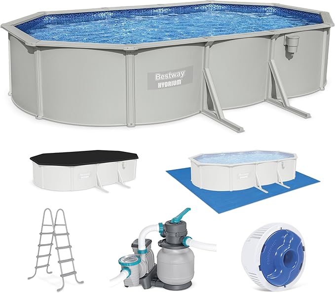 Bestway Hydrium 20' x 12' x 48" Above Ground Pool, Oval Steel Side Wall Frame Outdoor Swimming Pool Set with Sand Filter Pump, Ladder & Accessories