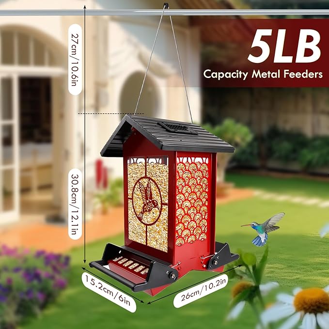Squirrel Proof Bird Feeder for Outdoors Hanging with Solar Light, 5LB Capacity Metal Feeders, Bilateral Weight Activated Perches, Four Sided Hollow, Ideal for Bird Lovers