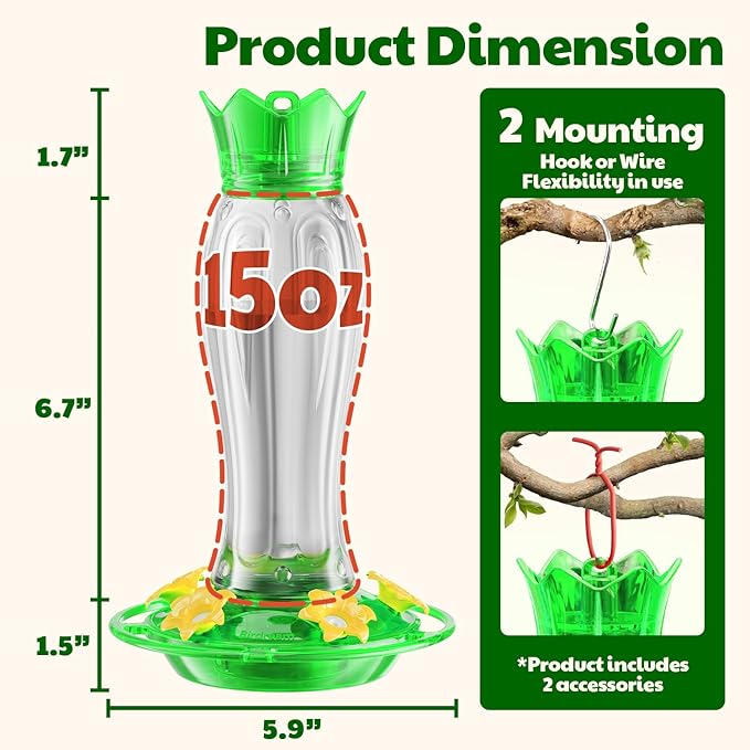 Birdream Hummingbird Feeders for Outdoors, 15oz Hanging Hummingbird Feeders Ant Proof, Easy to Clean and Maintain, Gift for Bird Lover, Green (1 Pack)