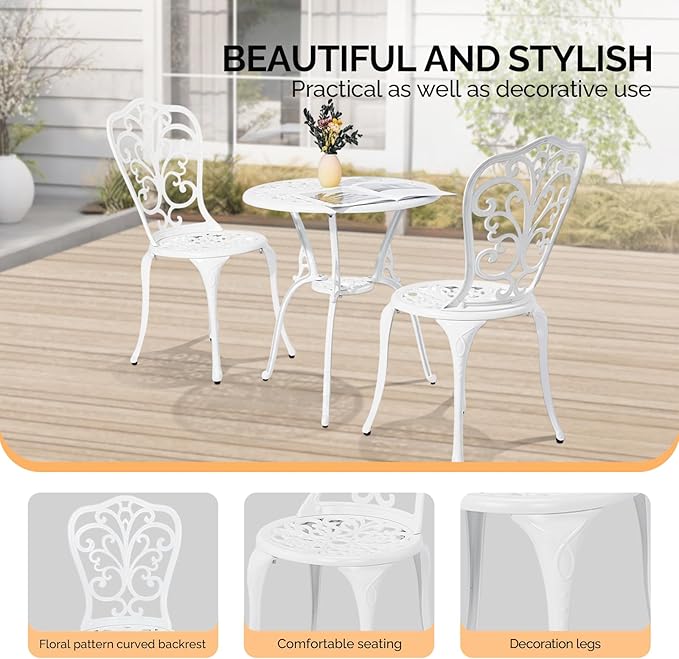 VINGLI 3 PCS Outdoor Bistro Set, Outdoor Patio Set, All-Weather Cast Aluminum Bistro Table Set, Bistro Table and Chairs Set of 2 for Backyard, Garden, Balcony (White, Butterfly)