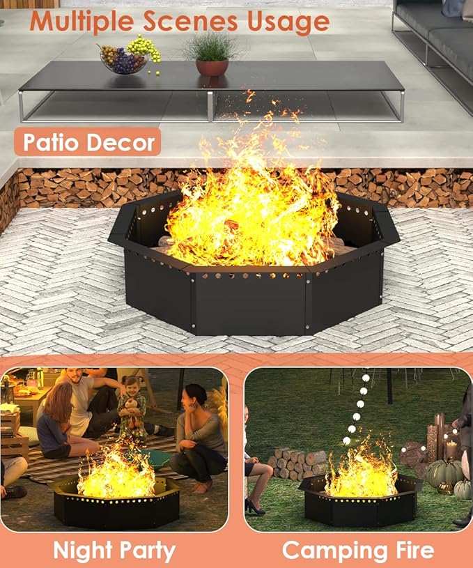 Mocomax Smokeless Fire Pit Ring 28-Inch Outer 24-Inch Inner Diameter, Large Solid Steel Firepit Liner for Outside Wood Burning, DIY Campfire Ring Above or In-Ground for Outdoor, Octagonal