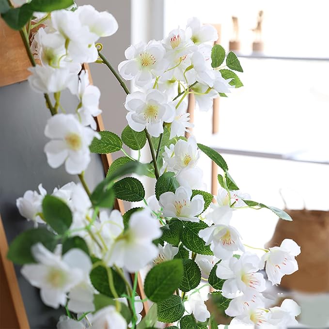CISDUEO Artificial Cherry Blossom Flower Vine Hanging White Cherry Blossom Flower Silk Garland Hanging Vines Faux Flowers for Outdoors Spring Wedding Party Home Table Centerpiece Arrangement Decor