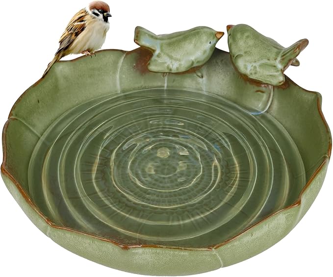 Ceramic Bird Bath Bowl for Outdoors, 9.45-Inch Ground & Tabletop Garden Decor, Weather-Resistant Birdbath for Deck, Balcony, Lawn - Easy Clean Bowl Only - Sage Color
