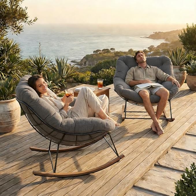 Outdoor Rocking Chair, 400 lbs Sturdy Frame with Thick Cushion,Patio Papasan Chair for Bedroom, Living Room, Porch, Garden(Grey)