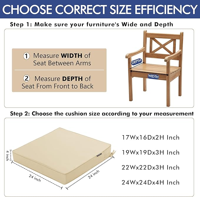 Outdoor Chair Cushions 24 x 24 Inch Waterproof Patio Chair Cushions with Tie 5 Year Color Fastness Thick Outdoor Seat Cushion for Garden Lawn Patio Furniture Beige Set of 2