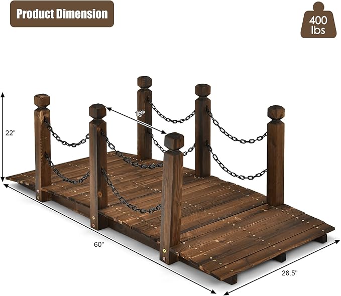 HAPPYGRILL 5FT Wooden Bridge with Safe Chain Railings, Outdoor Small Arc Pond Bridge, Decorative Fir Bridge for Landscaping Garden Pond Stream Courtyard