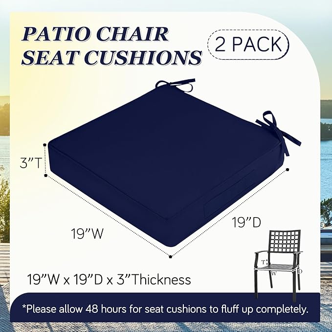 Waterproof Outdoor Chair Cushions Set of 2, Square Outdoor Seat Cushions with Ties and Removable Covers, 19 x 19 Outdoor Cushions for Patio Furniture with Portable Handle(Navy)