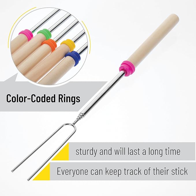 UNCO- Marshmallow Roasting Sticks, 32", 5 Pack, Extendable Stainless Steel Smores Sticks for Fire Pit, Smores Skewers, Campfire Cooking Equipment