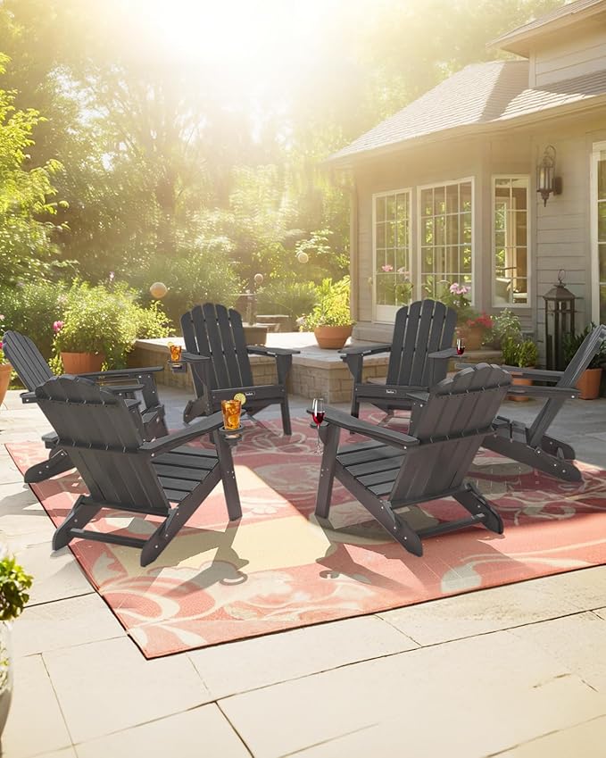 Adirondack Chairs Set of 6, HDPE Material Fire Pit Chairs, Plastic Adirondack Chairs with 2 Cup Holder, Outdoor Lawn Chair for Patio Garden,Grey