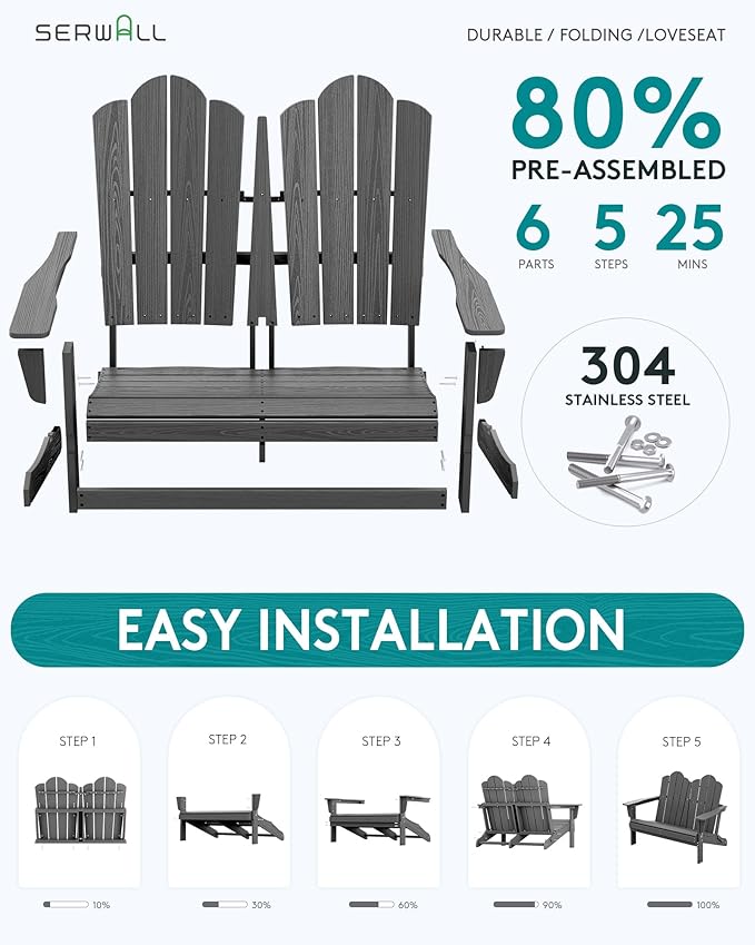 SERWALL Outdoor Patio Adirondack Set, 2 Folding Adirondack Bench & 1 Coffee Table with Umbrella Hole, HDPE All-Weather Adirondack Furniture Set for Front Porch Garden Balcony Backyard, Grey
