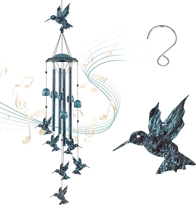 LESES Hummingbird Wind Chimes Outdoor Wind Chime with 4 Aluminum Tubes & 6 Wind Bell, Memorial Wind Chimes for Outside Unique Sympathy Gifts for Home Garden Patio