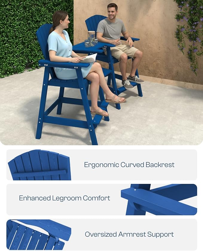 Tall Adirondack Chairs Set of 2, HDPE Outdoor Adirondack Chairs with Double Connecting Tray, Bar Height High Back Patio Chairs for Balcony, Deck, Backyard (Navy Blue, 2-PC Bar Chair Set)