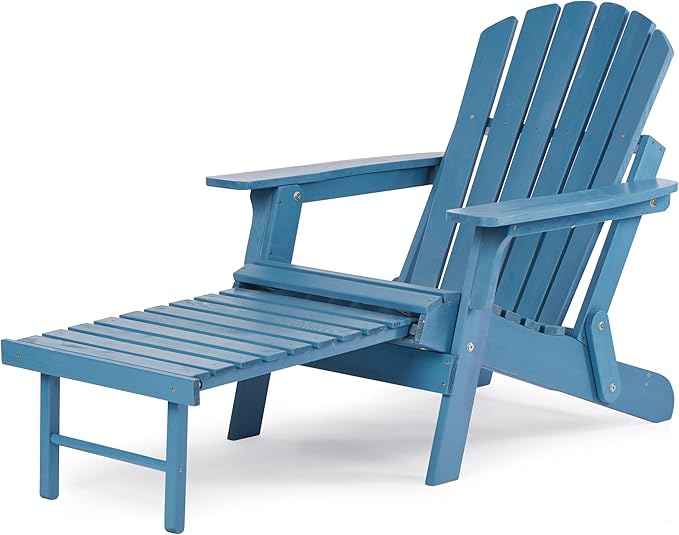 Oversized Outdoor Wooden Folding Adirondack Chair with Retractable Ottoman, Wood Patio Chair with Footrest for Garden Backyard Porch Pool Deck Firepit