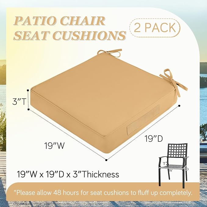 Waterproof Outdoor Chair Cushions Set of 2, Square Outdoor Seat Cushions with Ties and Removable Covers, 19 x 19 Outdoor Cushions for Patio Furniture with Portable Handle(Khaki)
