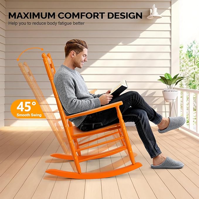 VINGLI Wooden Rocking Chair Outdoor, Patio Rockers with High Back, Support 450 LBS Rocking Chairs, for Porch, Patio, Balcony, Garden, Yard (Orange, 1 PC)