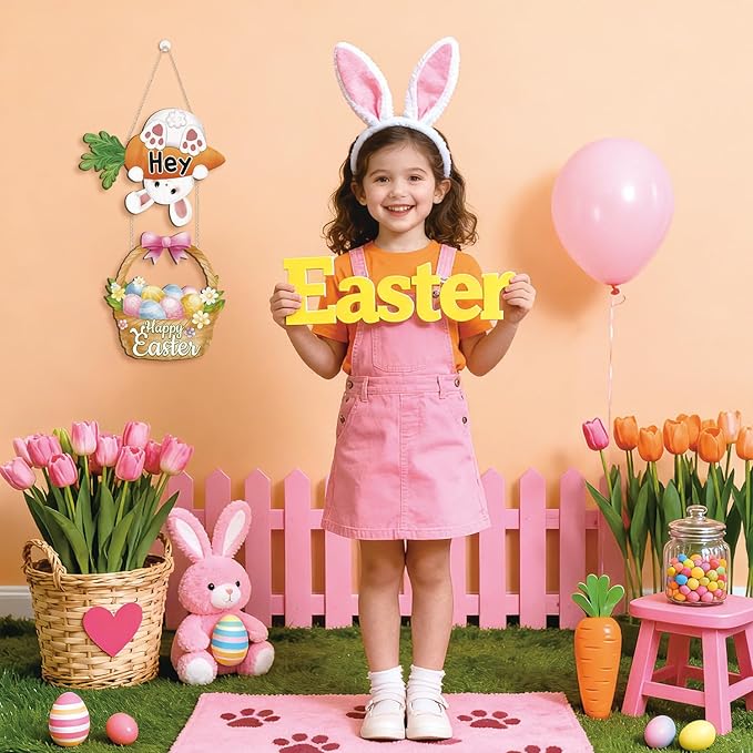 CHDITB Easter Bunny Wooden Sign, Happy Easter Wood Hanging Plaque With Carrot, Spring Rabbit Front Door Sign, Eggs Basket Wall Art Sign Hanger, Welcome Wall Decor For Outdoor Porch Yard Home Decor