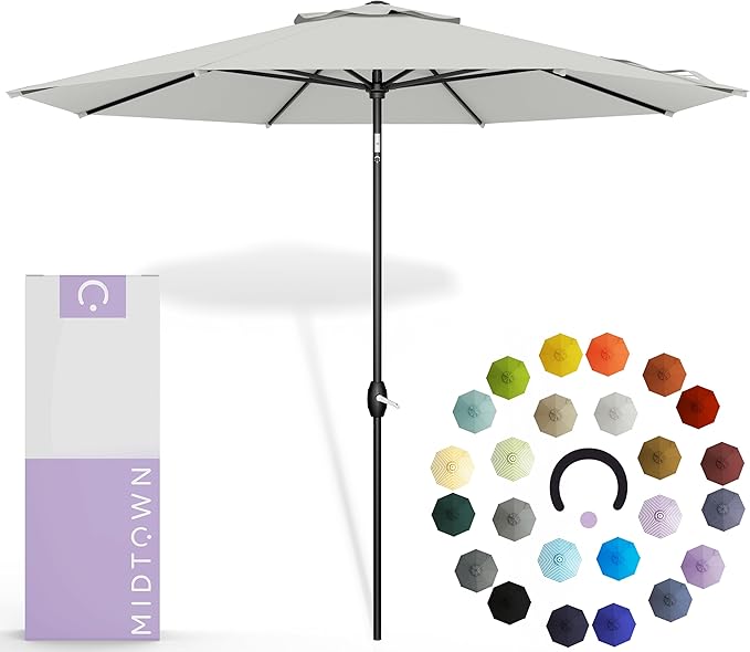 Midtown Umbrellas - 10-Year-No-Fade 10 Ft Patio Umbrella with Terylast Fabric, Auto-Tilt Aluminum Frame and 8 Reinforced Ribs for Deck, Pool, Garden & Beach - Off White Canopy, Black Pole