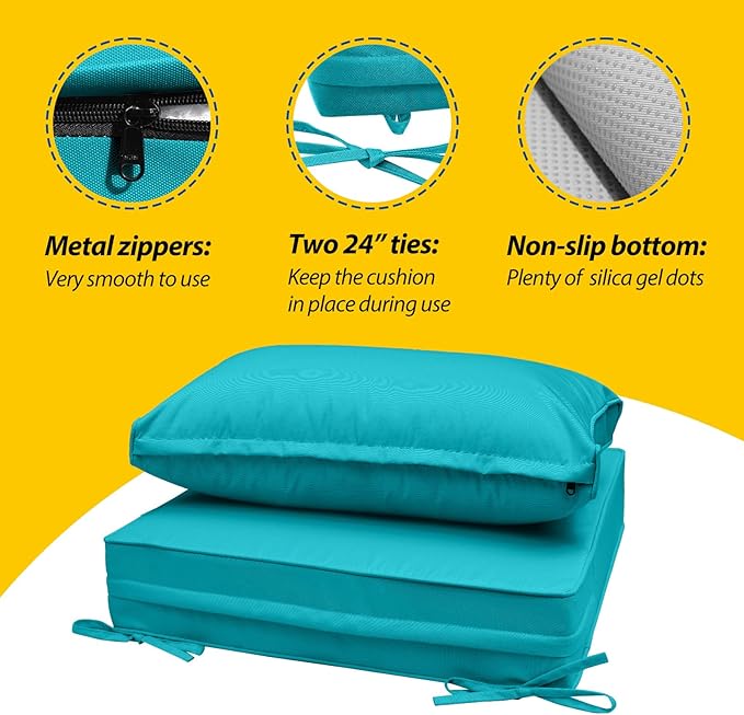 AAAAAcessories Outdoor Deep Seat Cushions, Waterproof, Fade-Resistant Patio Furniture Replacement Cushions, 24" x 24" x 5" + 24" x 13.5", Set of 4, Turquoise Blue