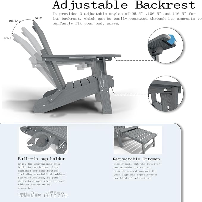 Folding Adjustable Adirondack Chairs with Ottoman & 1 Cup Holders Set of 4, HDEP Multifunctional Adirondack Chair with Footrest,Grey