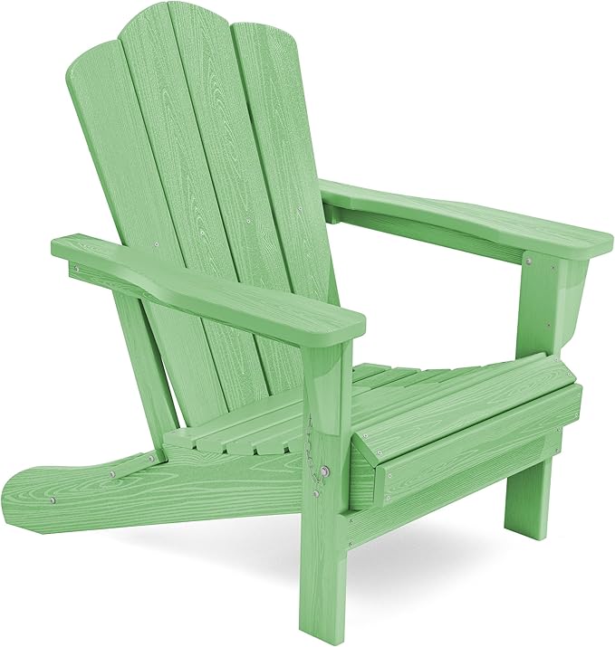 KINGYES Folding Adirondack Chair, HDPE All-Weather Patio Chairs, Wooden Textured Lawn Chair for Poolside, Backyard, Deck, Fire Pit, Light Green