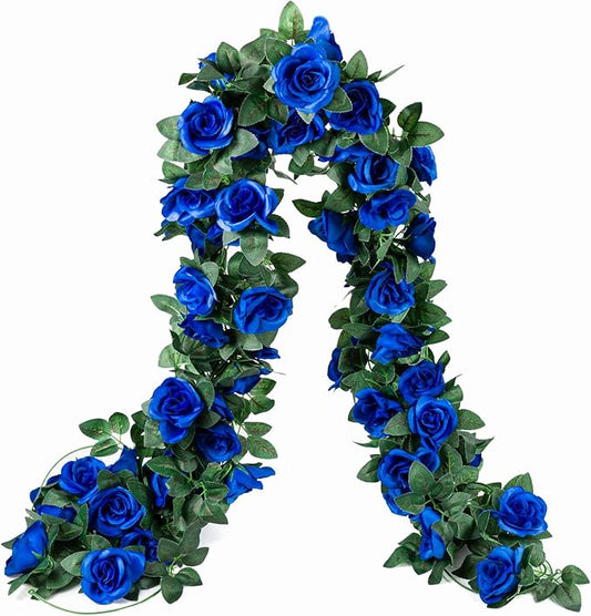 2 Pack (16FT) Artificial Rose Vine Fake Flowers Garland Hanging Silk Rose Ivy Plants Vine for Father's Day,Wedding Arch Party Garden Home Aesthetic Art Décor (Royal Blue)