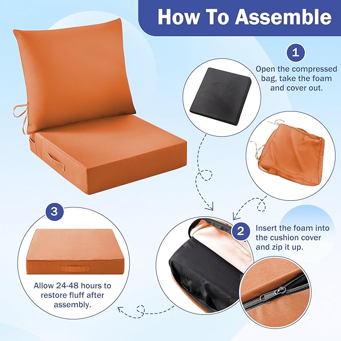 Outdoor Seat Cushion Set, Waterproof & Fade Resistant Patio Chair Cushions, Outdoors Cushion for Patio Furniture, 24 x 24 x 4 Inch, Outdoor Couch Cushions with Handle and Ties, Spice