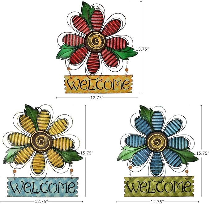 Large Rustic Metal Hanging Flower Welcome Wall Art Decor Hanging Metal Flower Welcome Door Wreath Kitchen Living Room Bathroom Patio Garden Yard Wall Decoration 15.75'' (Set of 3)