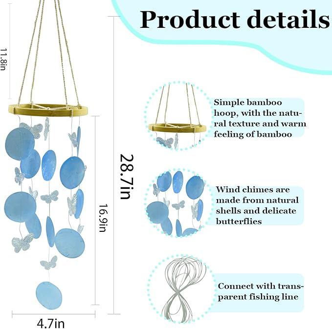 Wind Chimes Outdoor with Round Capiz Shells Butterfly,Ocean Theme Party Decorations Memorial Wind Chimes Suitable for Indoor Garden Patio Front Porch Decoration(White 13inch)
