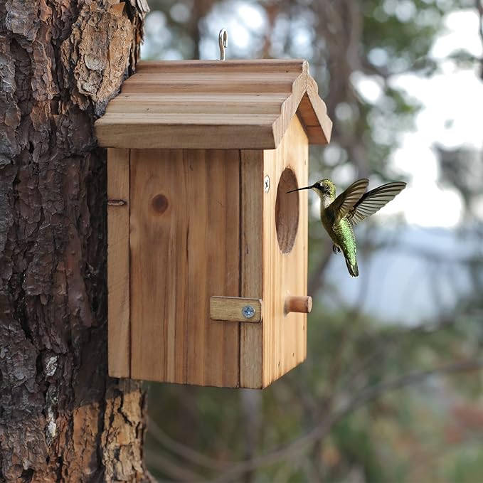 Hummingbird House for Outside Hanging, Mini Wood Birdhouse specifically for Hummingbird, Small Bird Nesting Box with Perch, Weather-resistant outdoor birdhouse, Dimensions:3.3*4.1*5.9 inch
