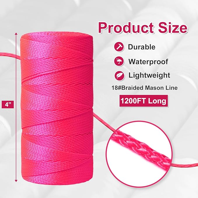 Mason Line String Line,1200 Ft Length Nylon Twine,18 Braided Nylon String for Gardening Or Masonry Tools,Twine String for Gardening,Pink